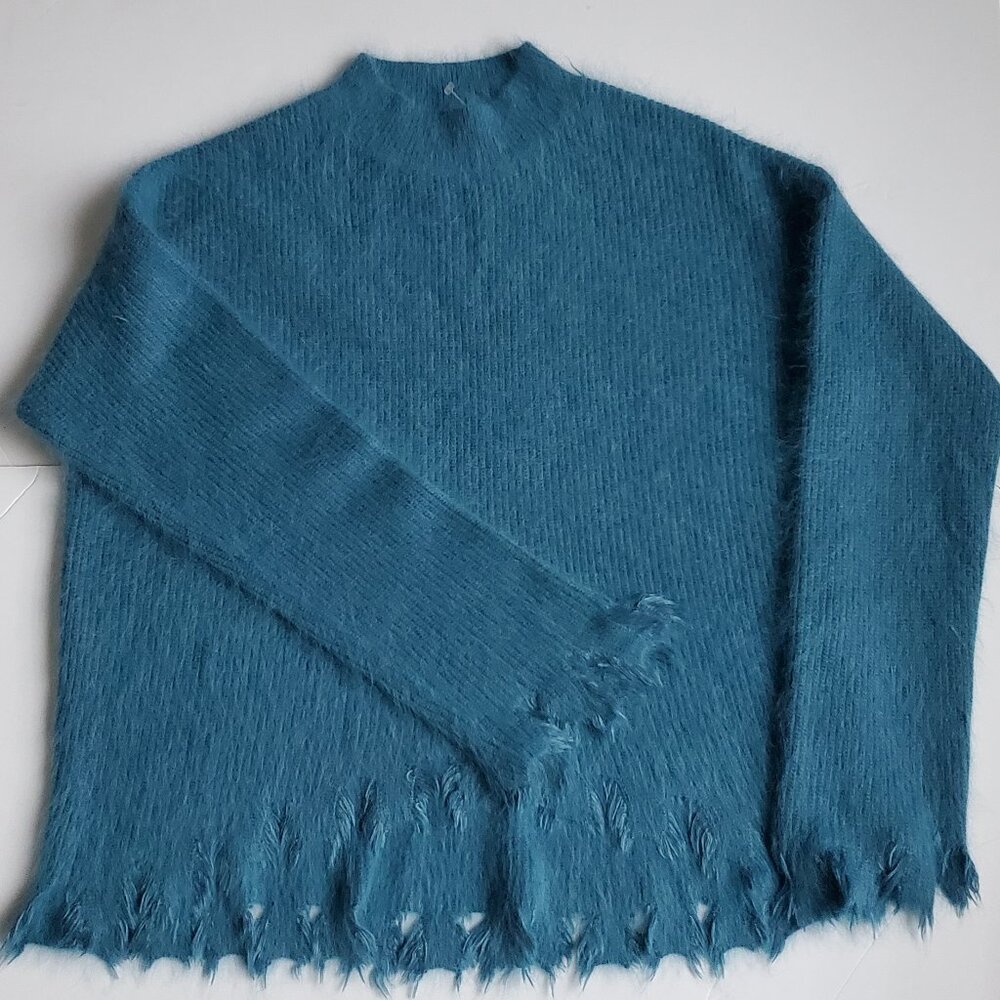 Soft Angora Cropped Sweater Frayed Trim Fringe Design Casual Fuzzy High Neck